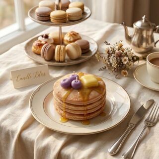 Layered pancake stanck with butter and berries candle