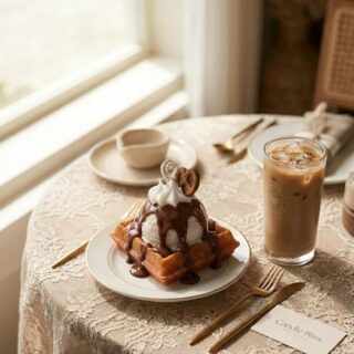 Breakfast serinity with waffels with chocolate drizzel
