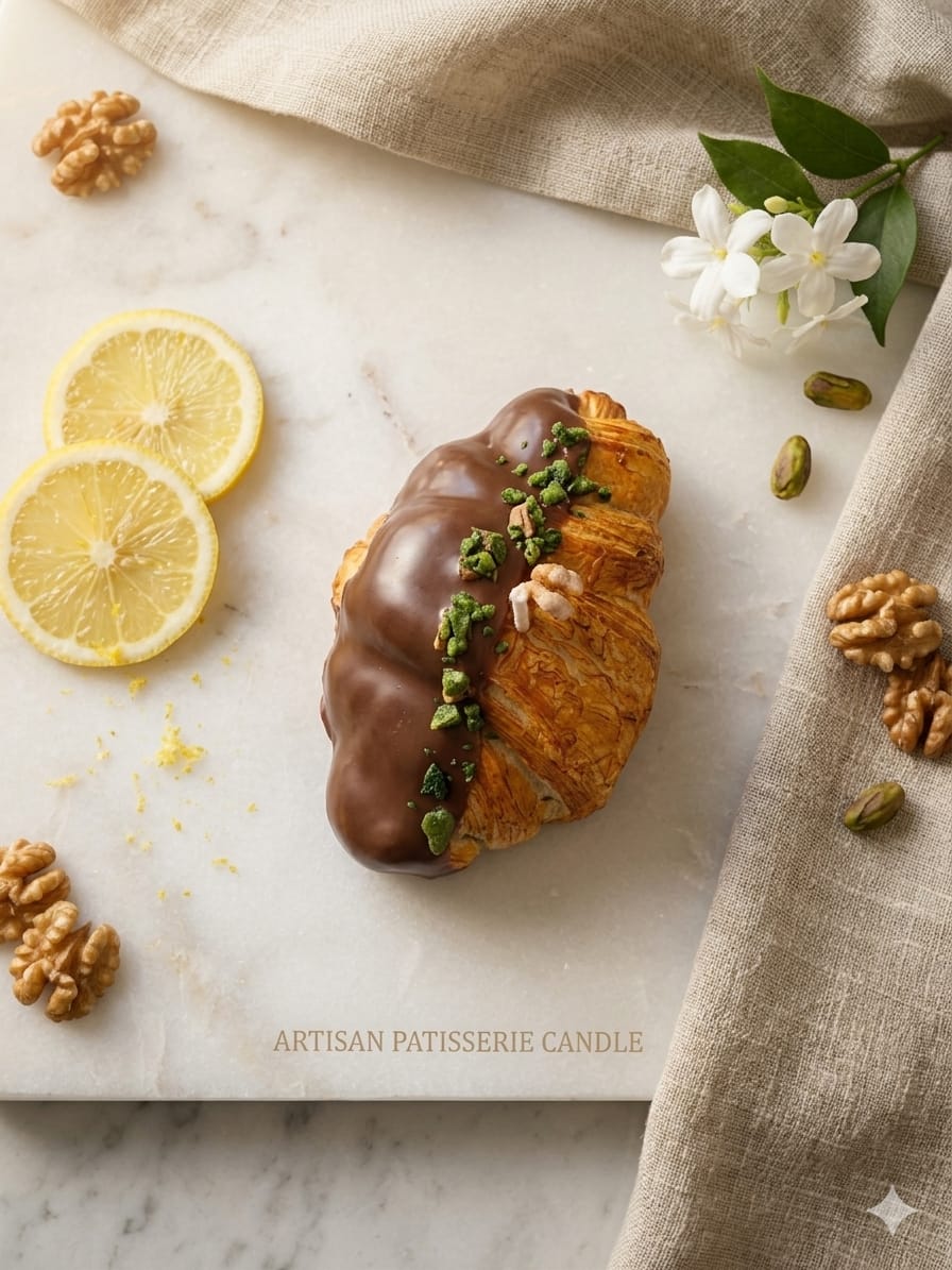 Chocolate covered croissant candle with pista crumble