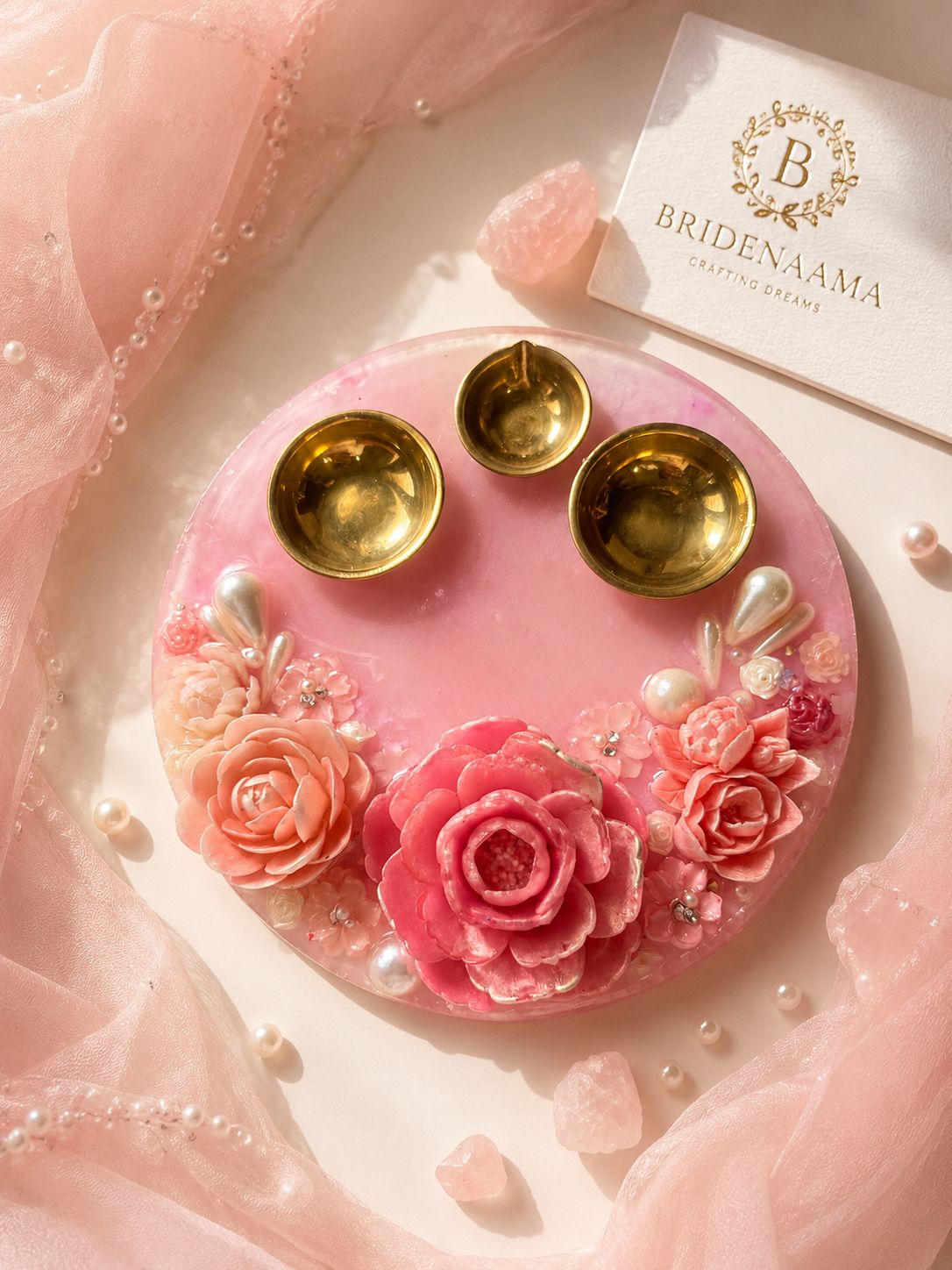 Pink Flora pooja thali - 8 inch