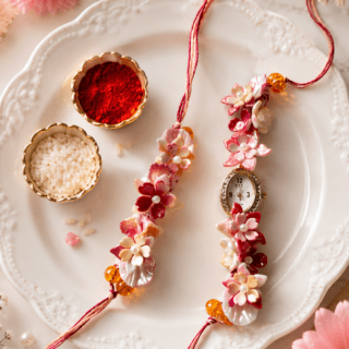 Floral Diva - watch style lumbi plus rakhi - red tones