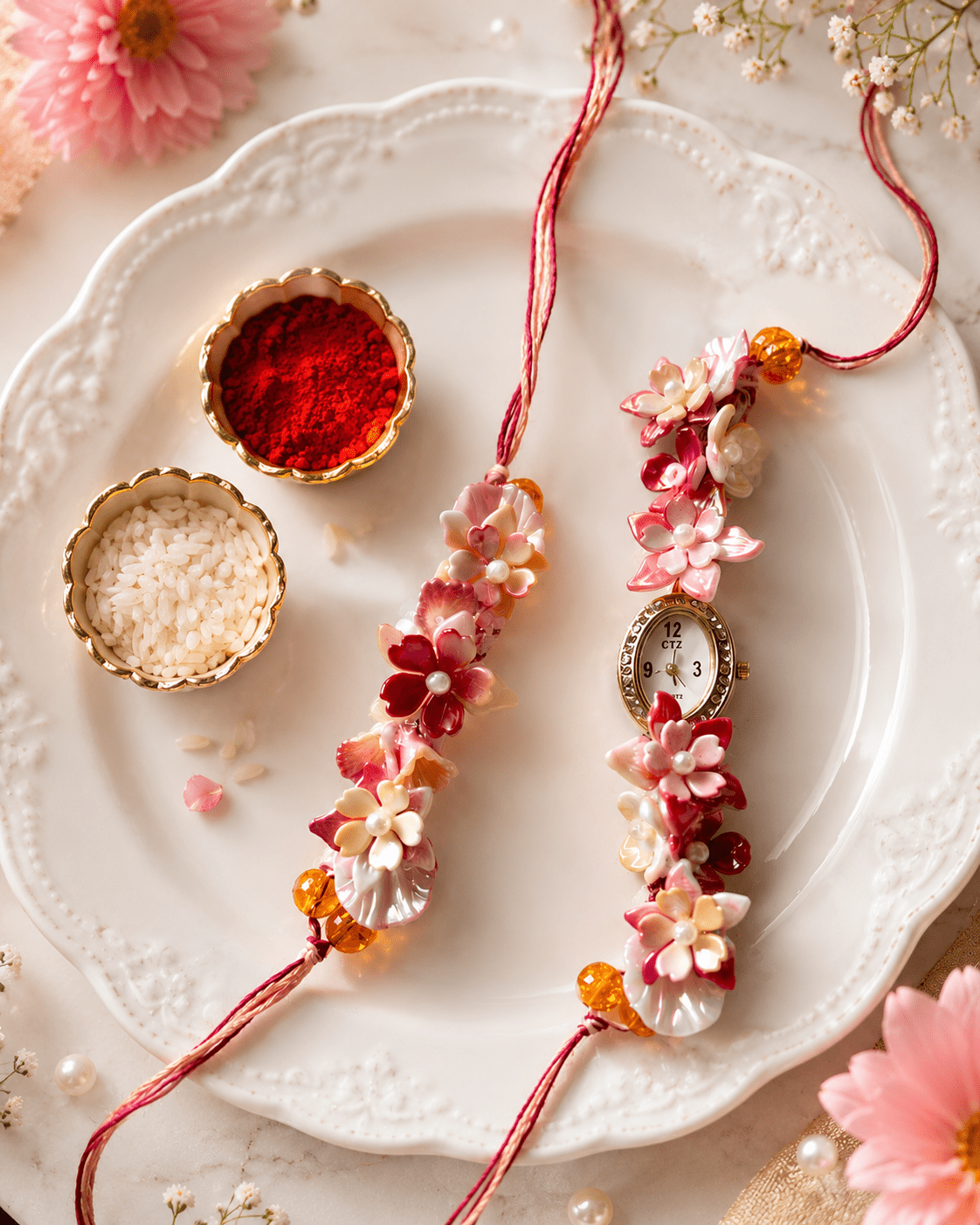 Floral Diva - watch style lumbi plus rakhi - red tones