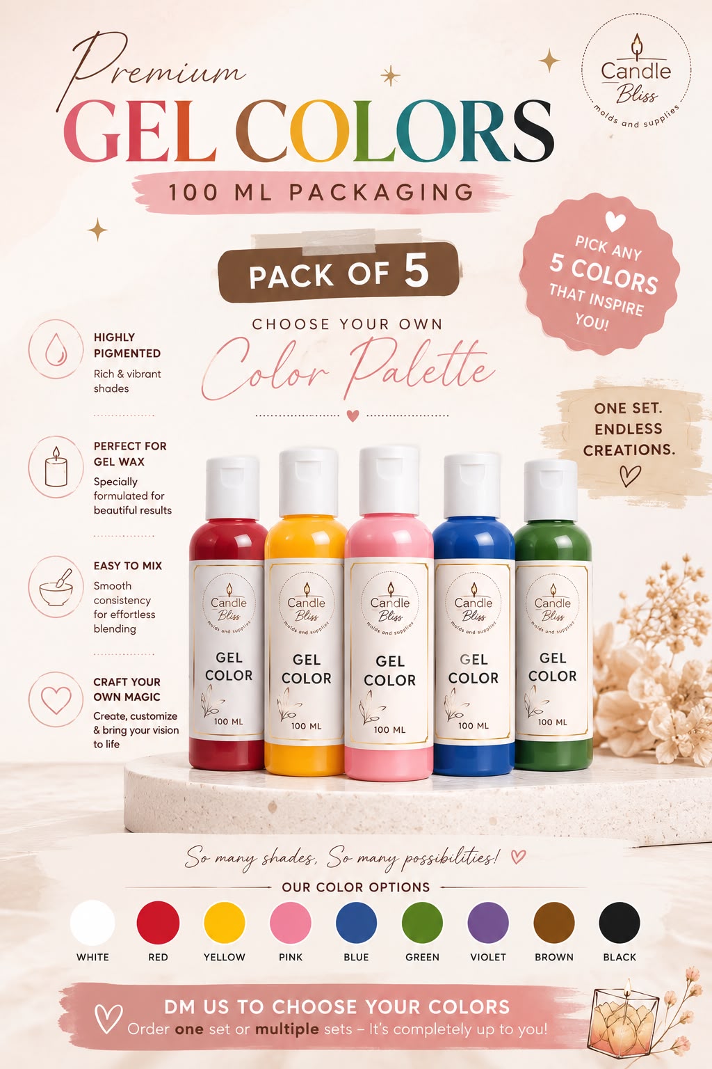 Premium candle gel colors - pack of 5 - 100 ml each