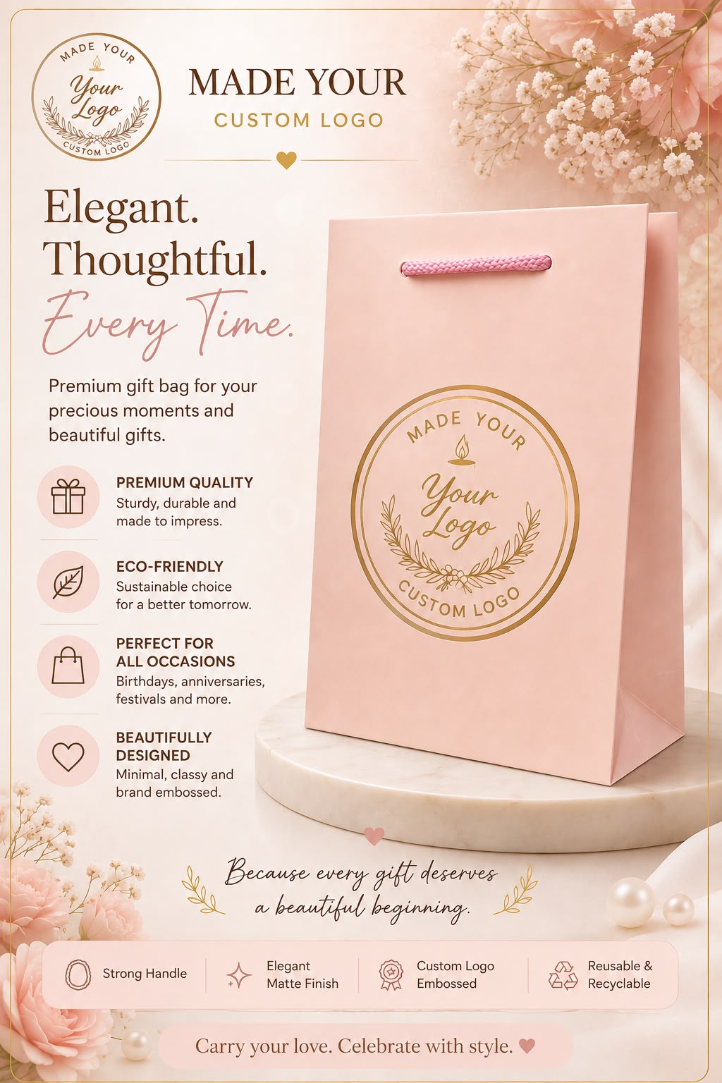 Custom bag with logo -moq is 100 - size 10-7-3 inches