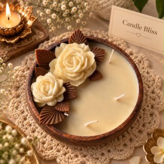 Boho dreams Rustic roses with palm style leaves candle bowl